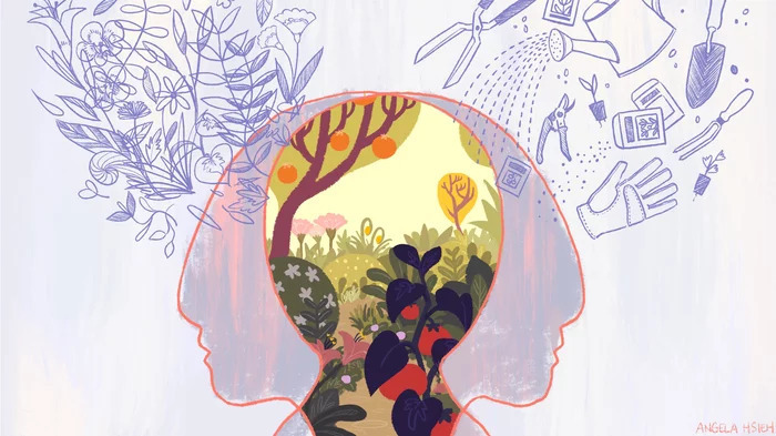 Illustration of two silhouette heads. Where they overlap, we see a window into a hidden garden.