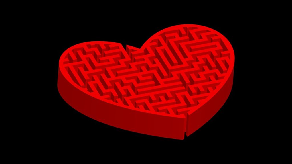 An elaborate maze in the shape of a heart.