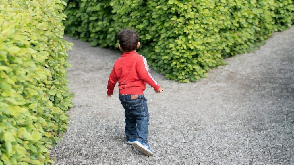 A boy turns to take a path in a maze.