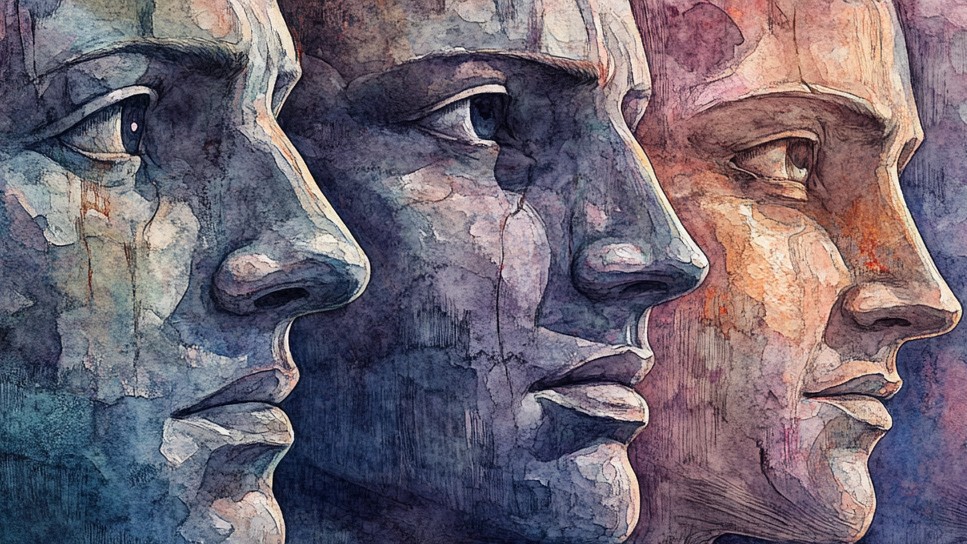 Sculptures of three male faces showing ambivalent emotions.