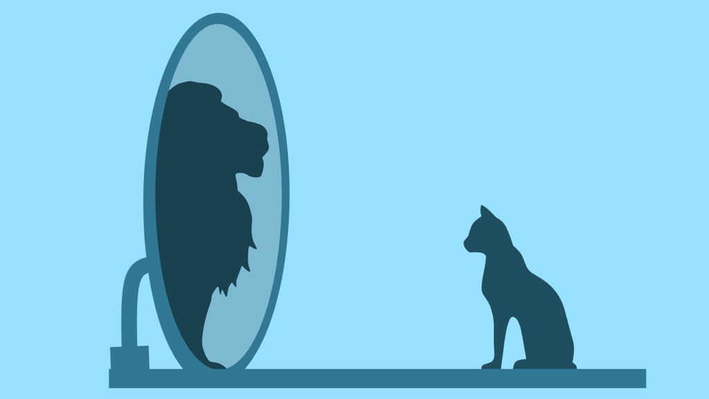 A cat gazing at an image of itself in a mirror. What's reflected back is a lion.