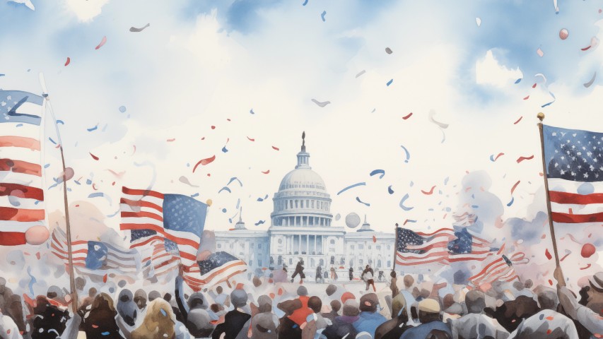 An image of the U.S. Capitol with a crowd gathered, waving U.S. flags.