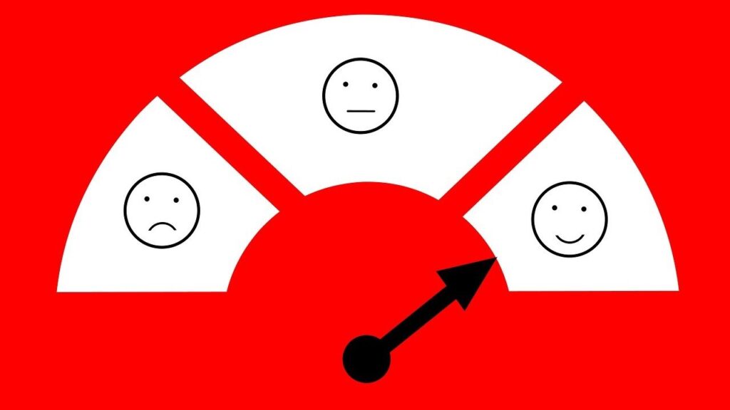 A meter that shows three faces representing emotions. One is smiling, one is neutral, one is unhappy. There's an arrow pointing at the smiling face.