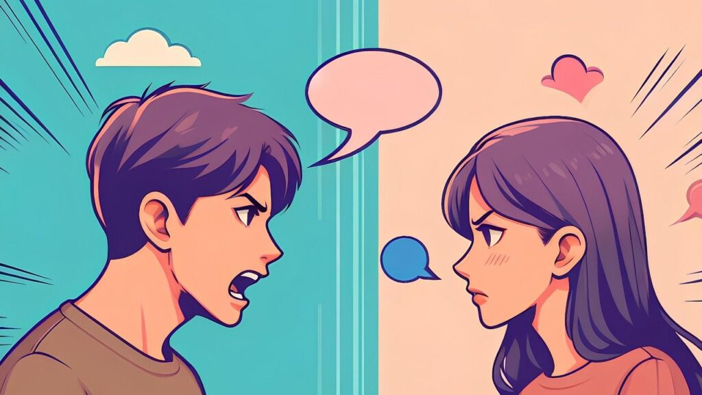 An illustration of a couple in an argument. The man is speaking angrily, and the woman is standing with her arms crossed.