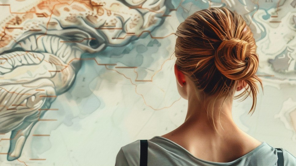 A woman stands with her back to the viewer, gazing at a map of a landscape that is shaped like a brain.