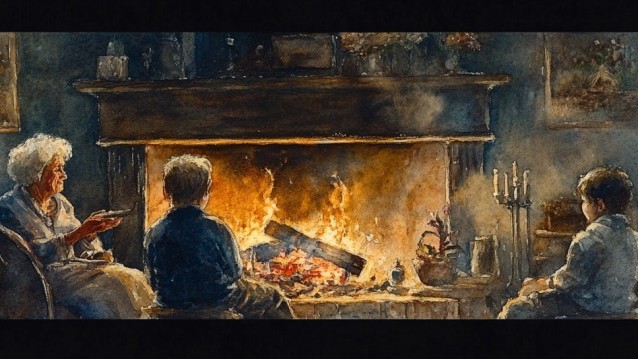 A grandmother sitting by a fire tells stories to two children.