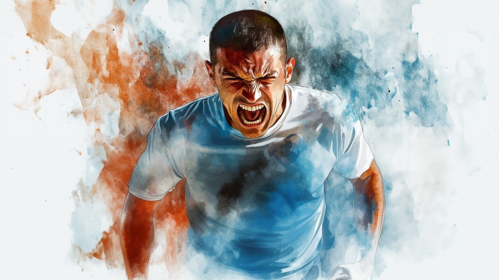 A man in a t-shirt screams in a rage.