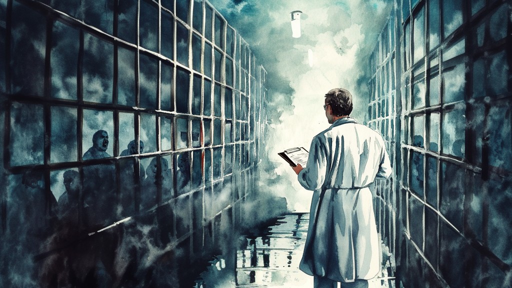 A scientist wearing a labcoat and carrying a clipboard walks a corridor between two rows of barred prison cells.