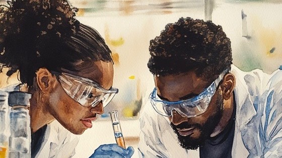 Two scientists wearing safety glasses and lab coats peer at a test tube.