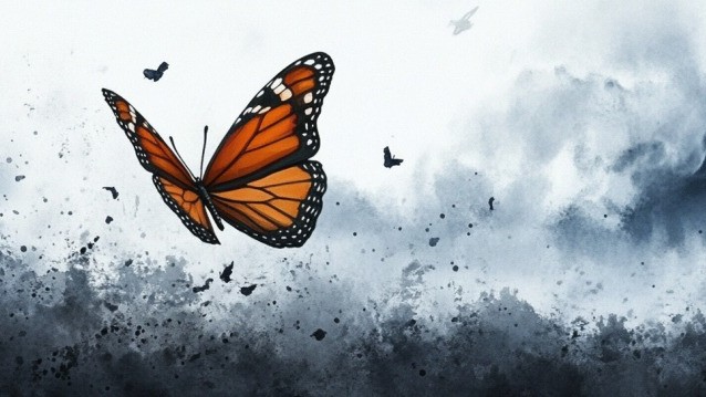 A monarch butterfly is in flight against a light gray sky.