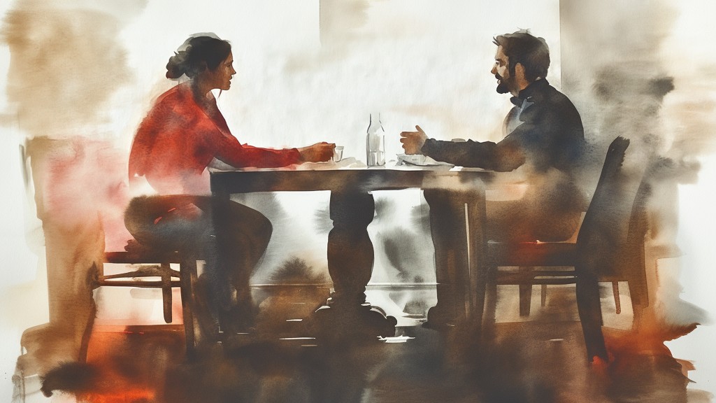 A couple sits at a dining room table, engaged in a serious conversation. They both have their arms extended on the table and are leaning toward each other. The woman is wearing a red long-sleeved shirt and has her hair pulled back in a low bun. The man is wearing a blue shirt and black pants, and has dark hair and a beard.