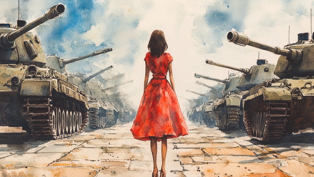 We see a woman wearing a bright red dress from behind. She's facing two rows of military tanks.