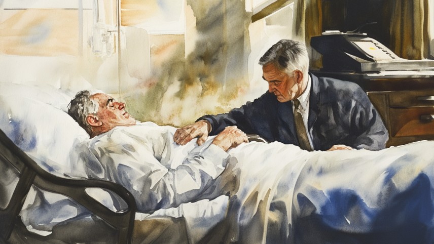 A man in a suit sits at the hospital bed of an older man who is ill and lies back with his eyes closed.