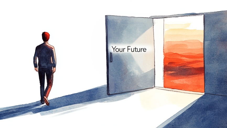 A person walks through a door labeled "Your Future."