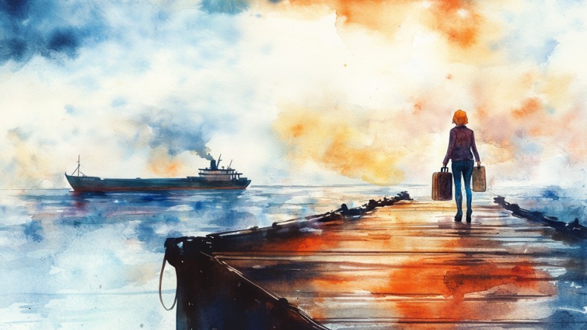 A woman stands on a dock, holding two suitcases. Her back is to the viewer, but she's gazing out at a large ship in the distance that has left without her.
