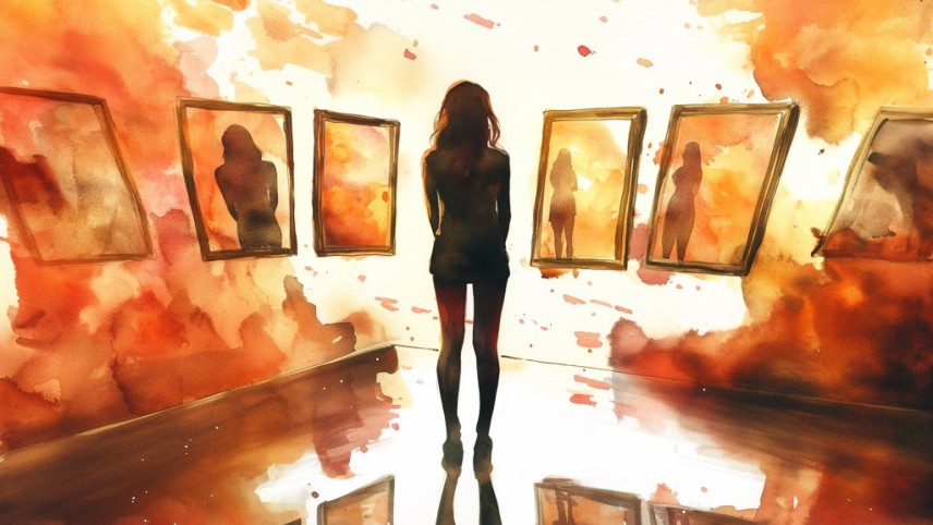 We see the back of a woman gazing at several different framed images hung on a wall.