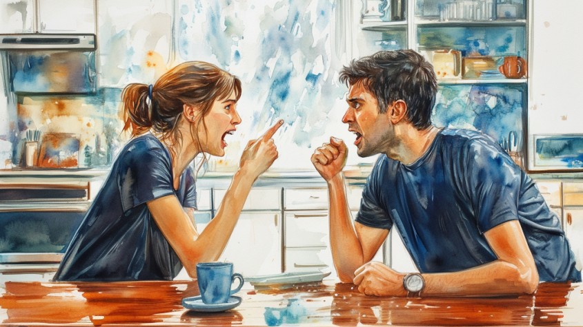 A couple sit at a table arguing. The woman is pointing angrily at the man and shouting at him, and the man is sitting his his fist clenched and is shouting back. They are both white with brown hair, and wearing blue shirts.