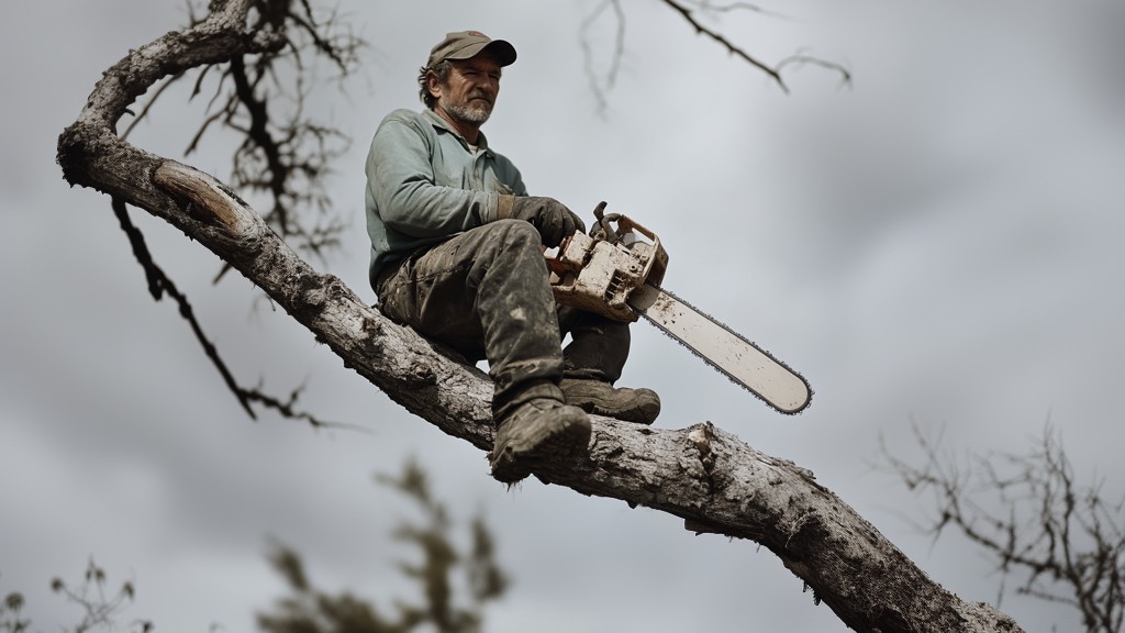 A man holding a chainsaw sits out on the limb of a tree, preparing to cut down the portion of the tree he's sitting on.