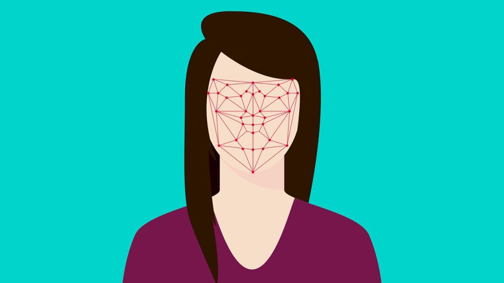 An illustration of a white woman with long dark hair. In place of facial features, we see a web or matrix of interconnected data points.