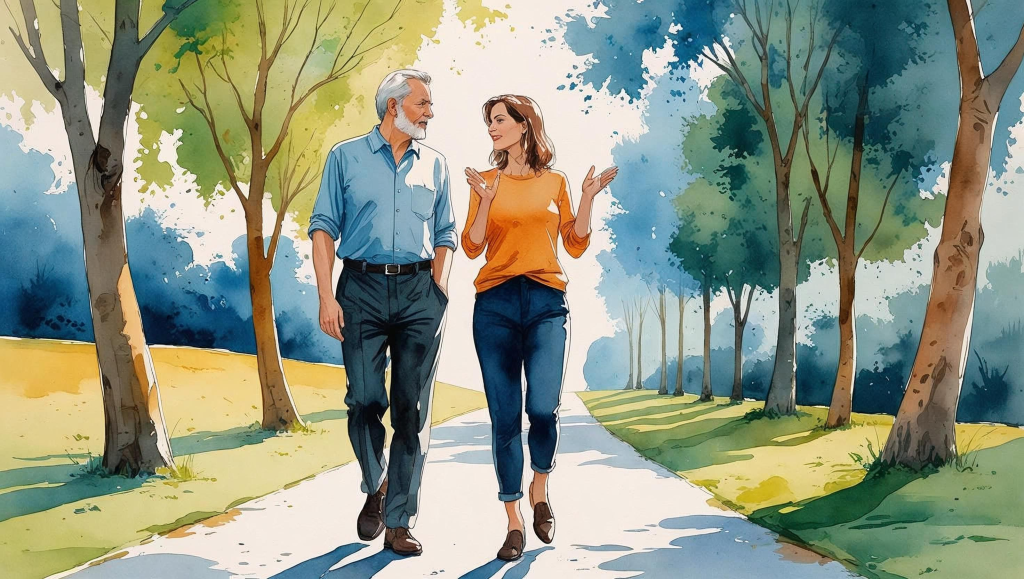 A man and woman walk down a tree-lined path in a park. The woman is white with auburn, shoulder-length hair, and is wearing a long-sleeved orange shirt and jeans. The man is also white and has white hair and a beard. He's wearing a blue button down shirt and blue pants. They're engaged in deep conversation, and the woman is gesturing emphatically with her hands.
