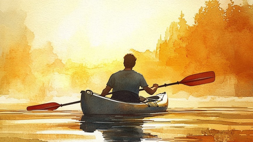 A man sits facing away from us in a kayak. He's holding on to paddles and the scene is bathed in a golden glow.