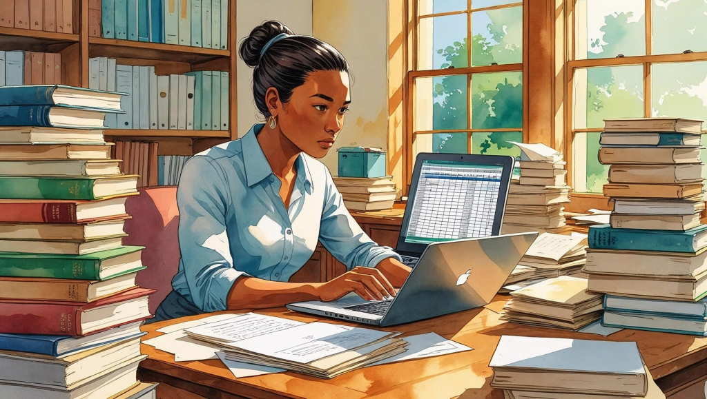 An African-American woman sits at a desk, which is piled high with books, papers, and two computer screens. She's wearing a button-down blue blouse and has her hair in a bun, and she's gazing intently at one of the computer screens.