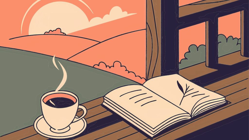 A journal and a steaming cup of coffee sit on a ledge looking out over a rising sun and a hilly landscape.