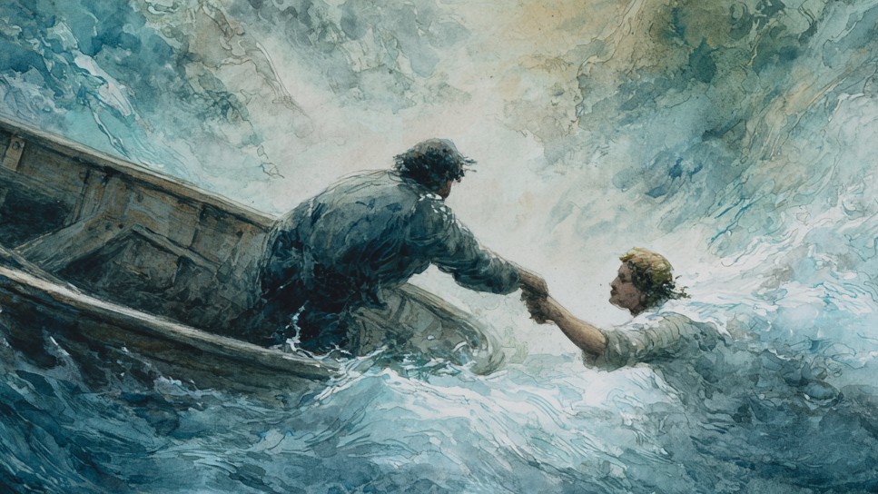 In the midst of a violent storm, a person in a wooden rowboat reaches out an arm to rescue another person from the waves.